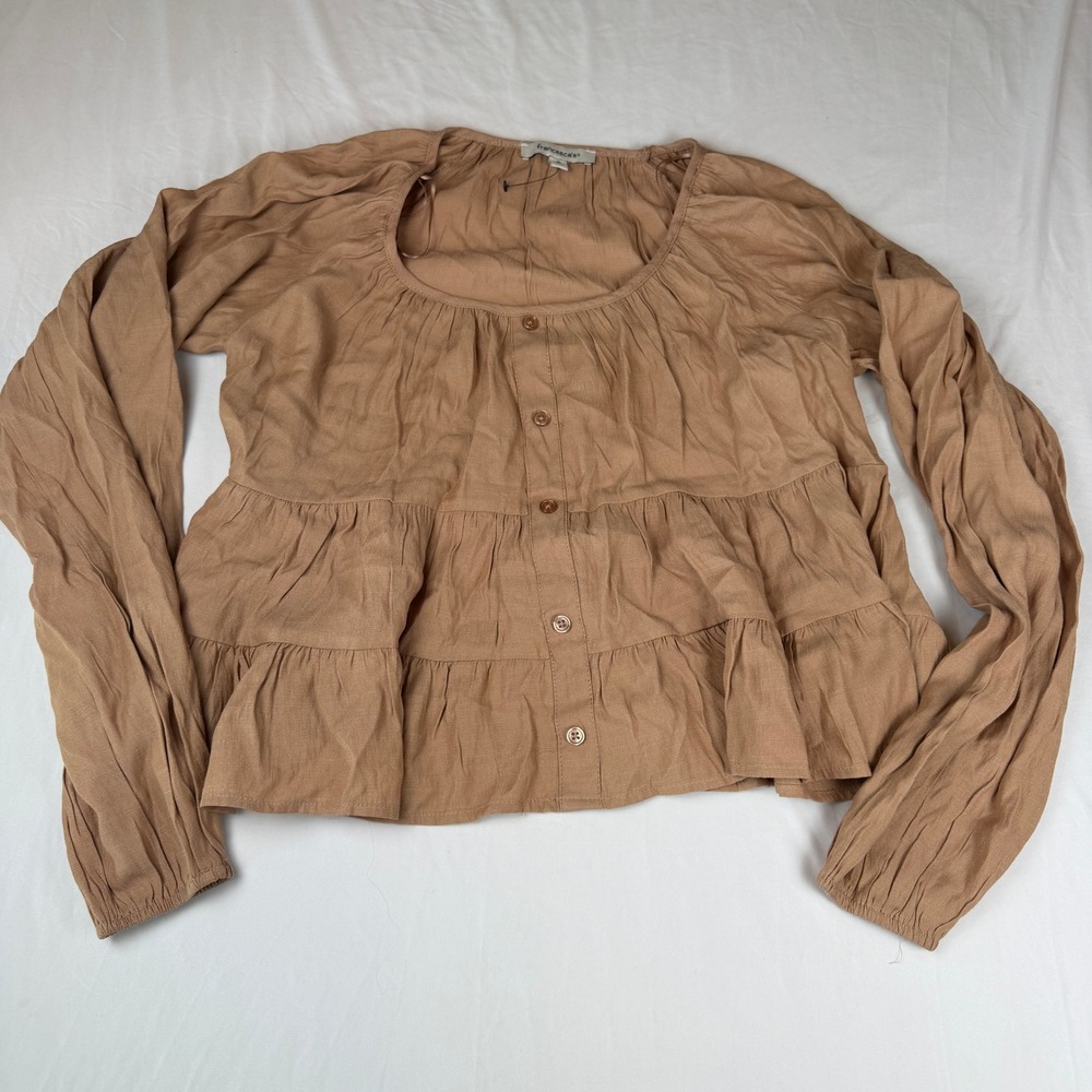 Francesca's Women Brown Tiered Babydoll Blouse Long Sleeve Button Front Small